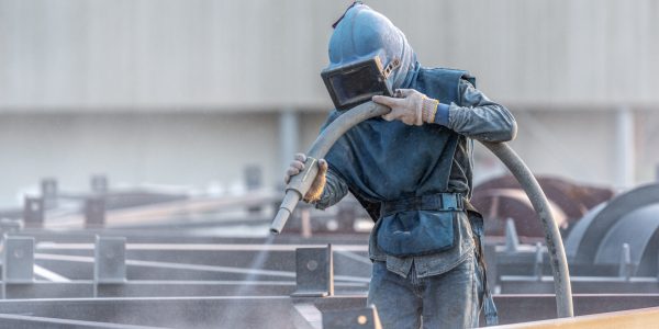 Sand blasting process, Industial worker using sand blasting process preparation cleaning surface on steel before painting in factory workshop.